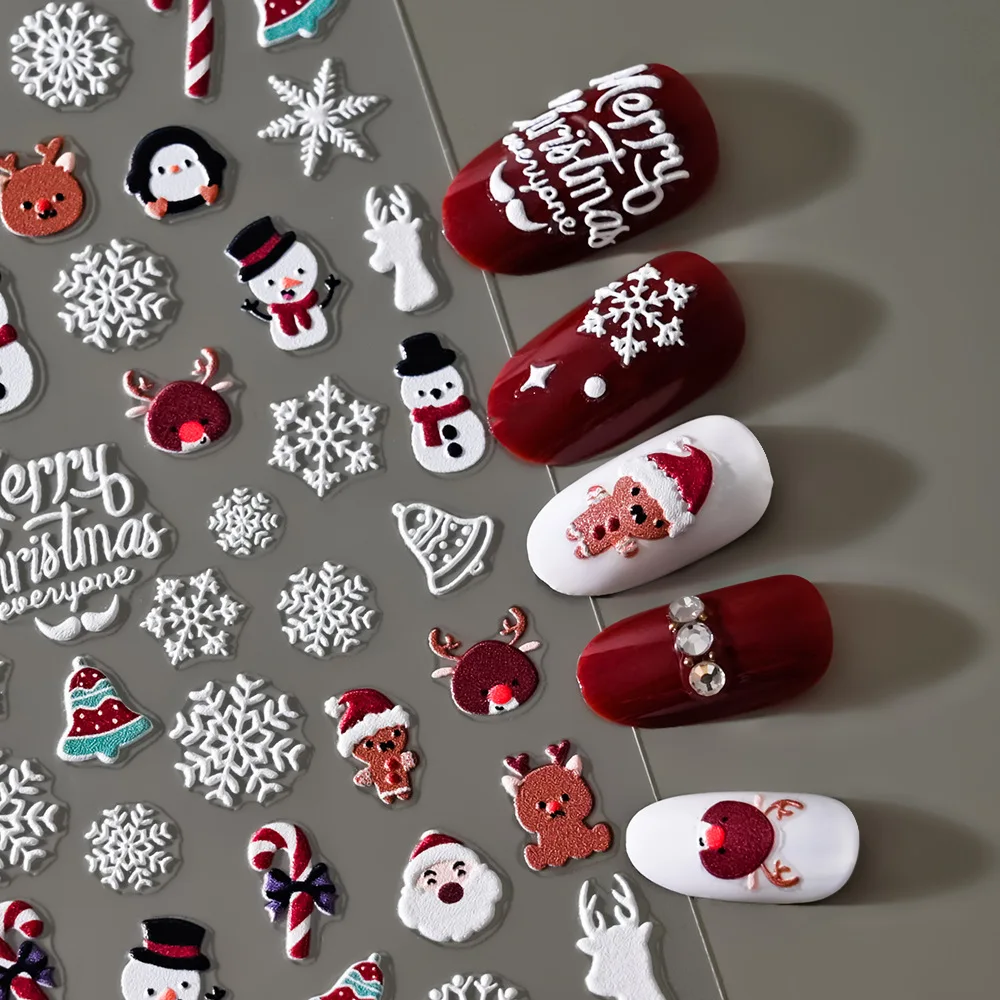 

Рождественские 5D тисненые снеговики, снежинки, наклейки для ногтевого дизайна, 8*10 см, Мультяшные Санта-клаусы, лось, рождественские переводки, DIY маникюрные наклейки