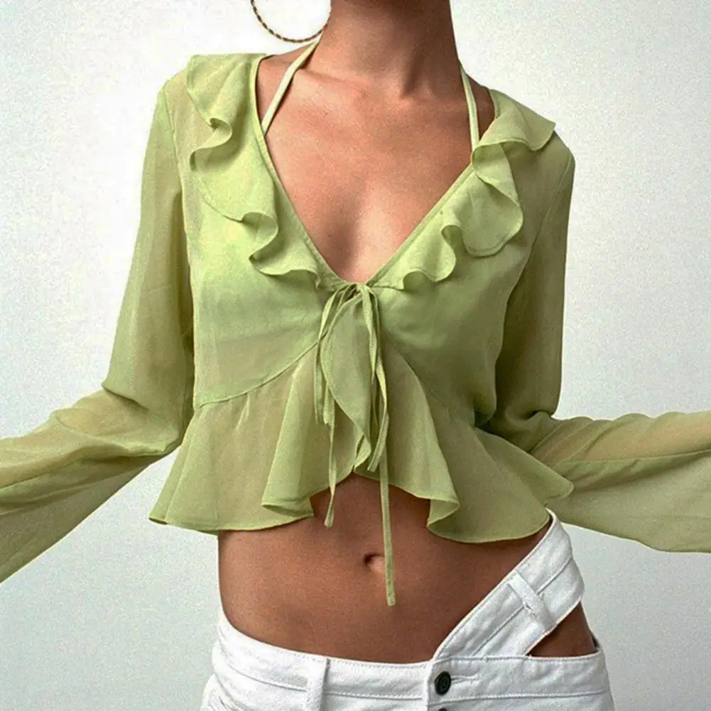 Women Top Deep V-Neck Summer Shirt Ruffle Trim Long Sleeve Front Lace-Up Sexy Top See-through Net Yarn Crop Top Female 2022
Women Top Deep V-Neck Summer Shirt Ruffle Trim Long Sleeve Front Lace-Up Sexy Top See-through Net Yarn Crop Top Female 2022
