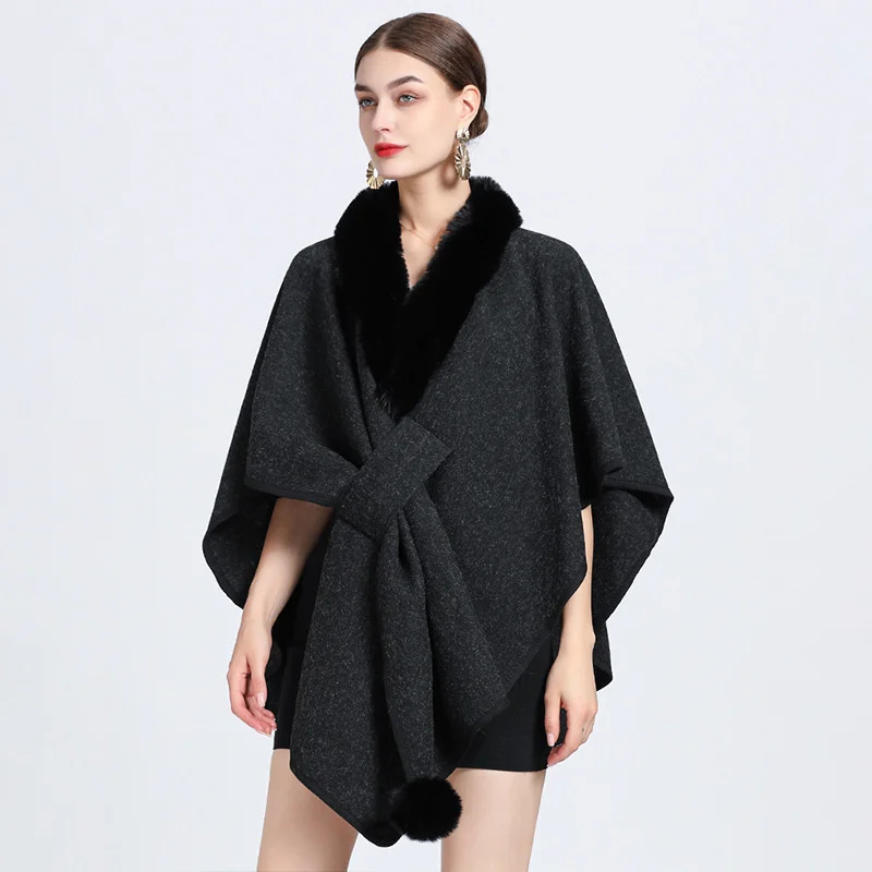 

#1103 Winter Asymmetrical Poncho Female Fur V-neck Warm Woolen Cape Ladies Sleeveless Loose Solid Color Cardigan Shawl And Wraps