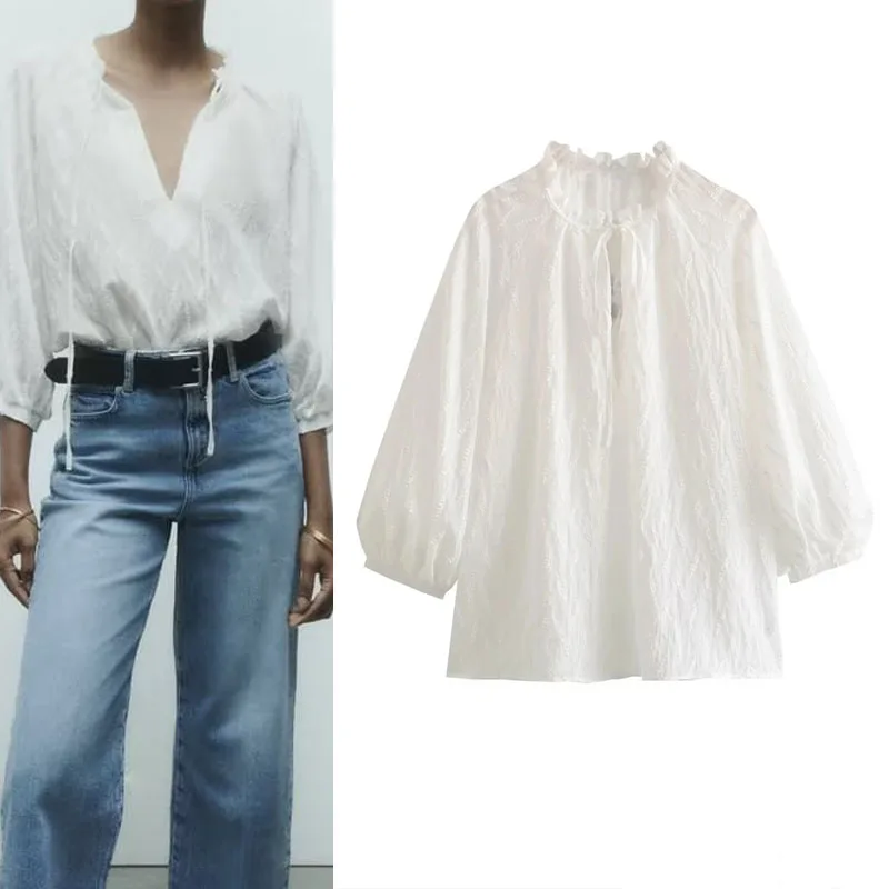 

TRAF Frayed Top For Woman 2023 Vintage Tied Ruffled Elegant Blouses Female Clothing Long Sleeve V-Neck White Shirt Summer Tops
