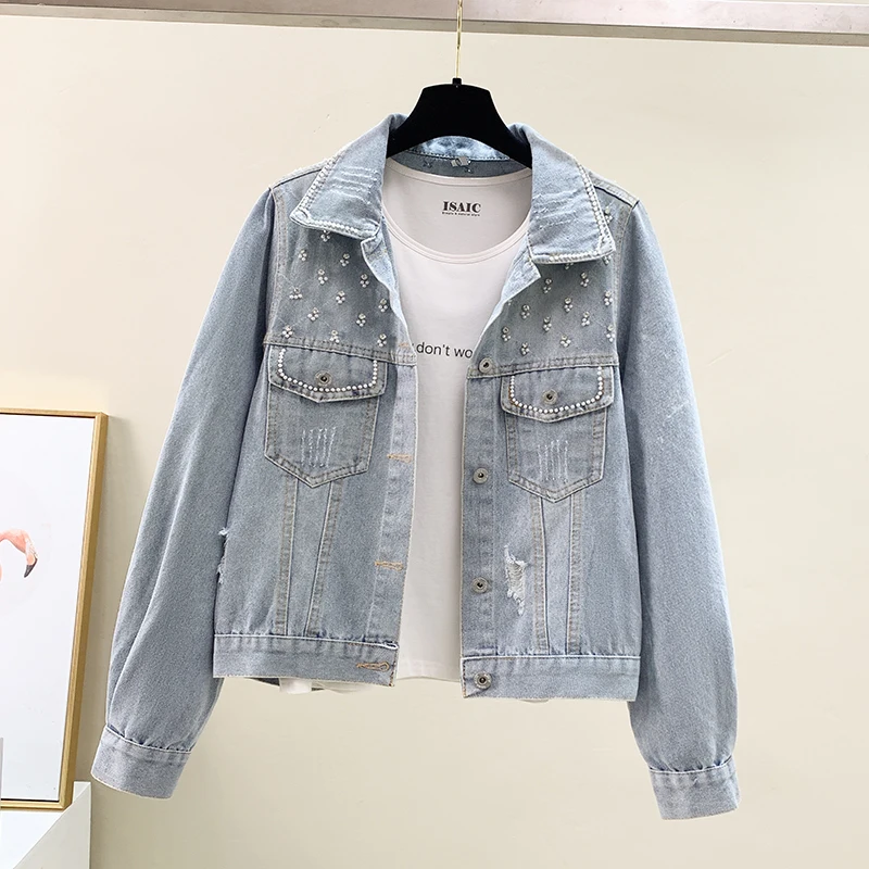 

Vintage Blue Frayed Denim Jacket Women Loose Short Cowboy Outerwear Heavy Work Beading Diamonds Big Pocket Jeans Jacket Female