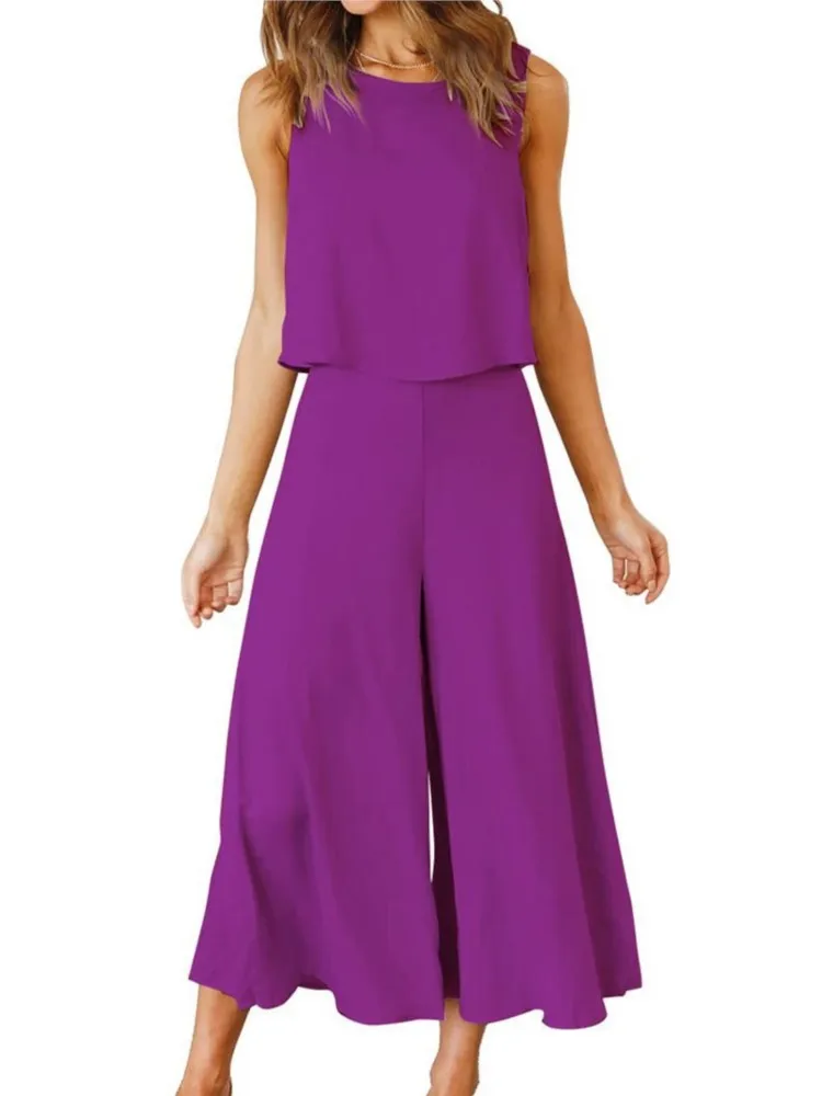 Women's Two Piece Solid Casual Loose Fit Sets Summer O Neck Sleeveless Crop Top And Wide Leg Pant Set 2023 2 Pcs Outfits 
Women's Two Piece Solid Casual Loose Fit Sets Summer O Neck Sleeveless Crop Top And Wide Leg Pant Set 2023 2 Pcs Outfits