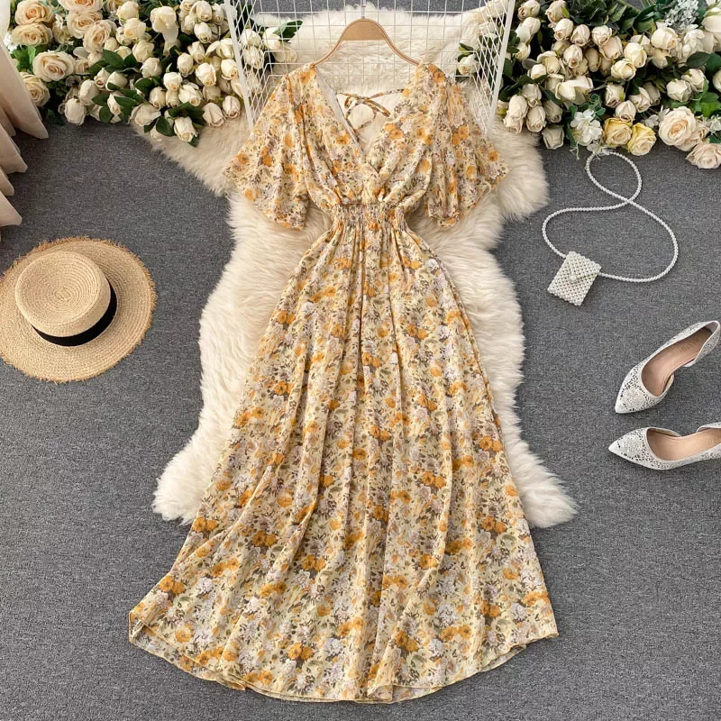 Women Chiffon Floral Long Dress Korean V Neck Short Sleeve Ruched A-line Dresses Summer Bohemian Print Beach Dress
Women Chiffon Floral Long Dress Korean V Neck Short Sleeve Ruched A-line Dresses Summer Bohemian Print Beach Dress