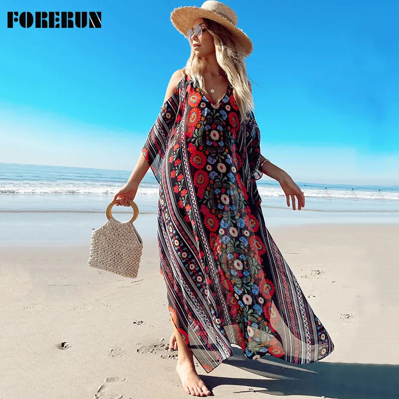 FORERUN Bikini Cover Up Women Bohemian Chiffon Print Kaftan Long Dress Tunic for Beach Salida De Playa Bathing Suit Cover Ups
FORERUN Bikini Cover Up Women Bohemian Chiffon Print Kaftan Long Dress Tunic for Beach Salida De Playa Bathing Suit Cover Ups