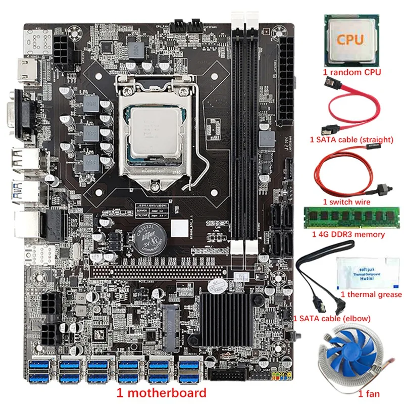NEW-B75 12 USB3.0 BTC Mining Motherboard CPU+Fan+4G DDR3 RAM+Thermal Grease+Switch Cable+2X SATA Cable LGA1155 DDR3 SATA3.0 
NEW-B75 12 USB3.0 BTC Mining Motherboard CPU+Fan+4G DDR3 RAM+Thermal Grease+Switch Cable+2X SATA Cable LGA1155 DDR3 SATA3.0