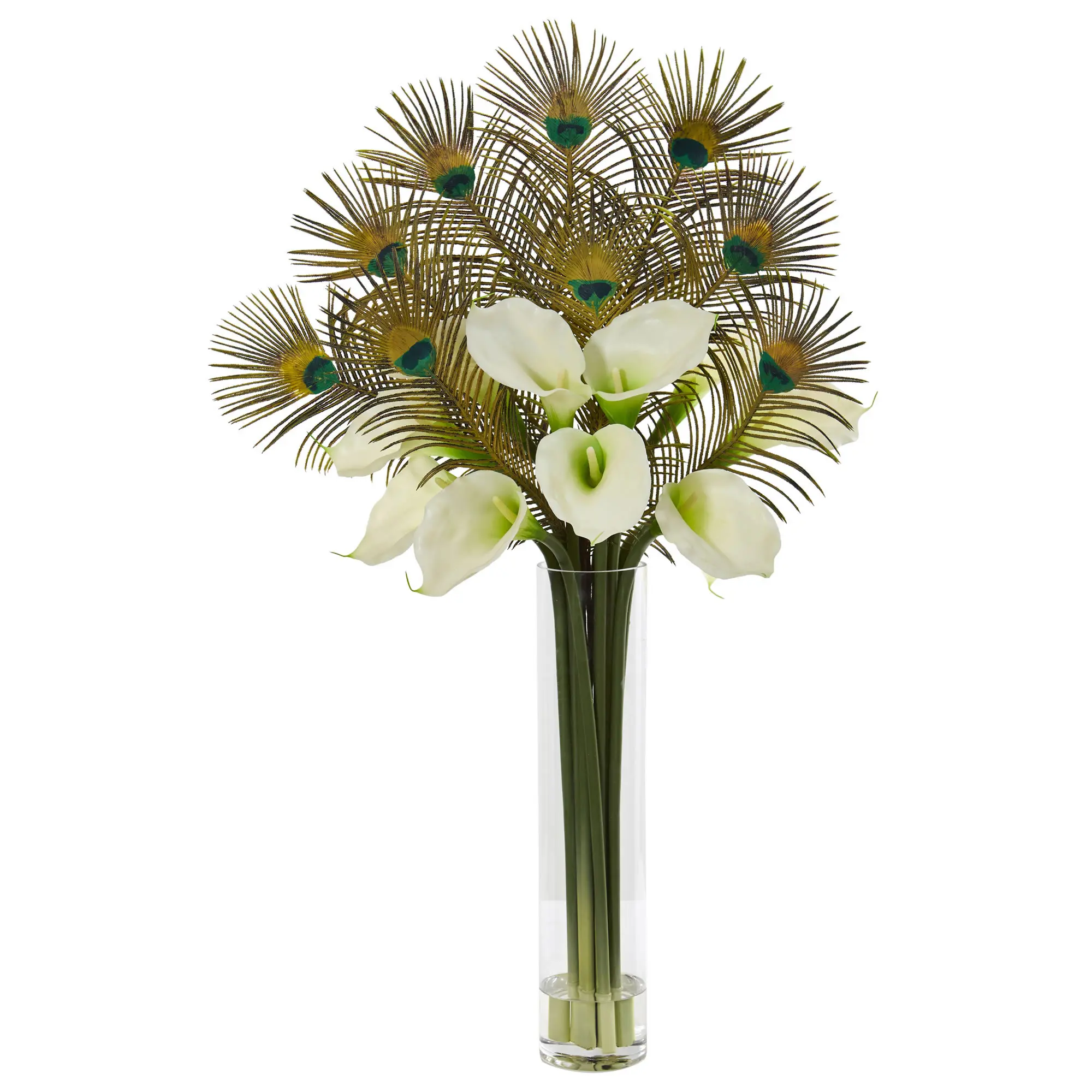 36in. Peacock and Calla Lily Artificial Flower Arrangement in Cylinder Glass, Cream
36in. Peacock and Calla Lily Artificial Flower Arrangement in Cylinder Glass, Cream