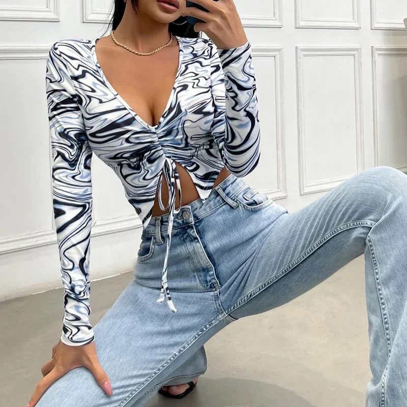 Fashion Sexy Y2k Crop Top for Women Casual V-Neck Long Sleeve T-shirt All-match Printed Drawstring Tees Streetwear Blusas 26186
Fashion Sexy Y2k Crop Top for Women Casual V-Neck Long Sleeve T-shirt All-match Printed Drawstring Tees Streetwear Blusas 26186
