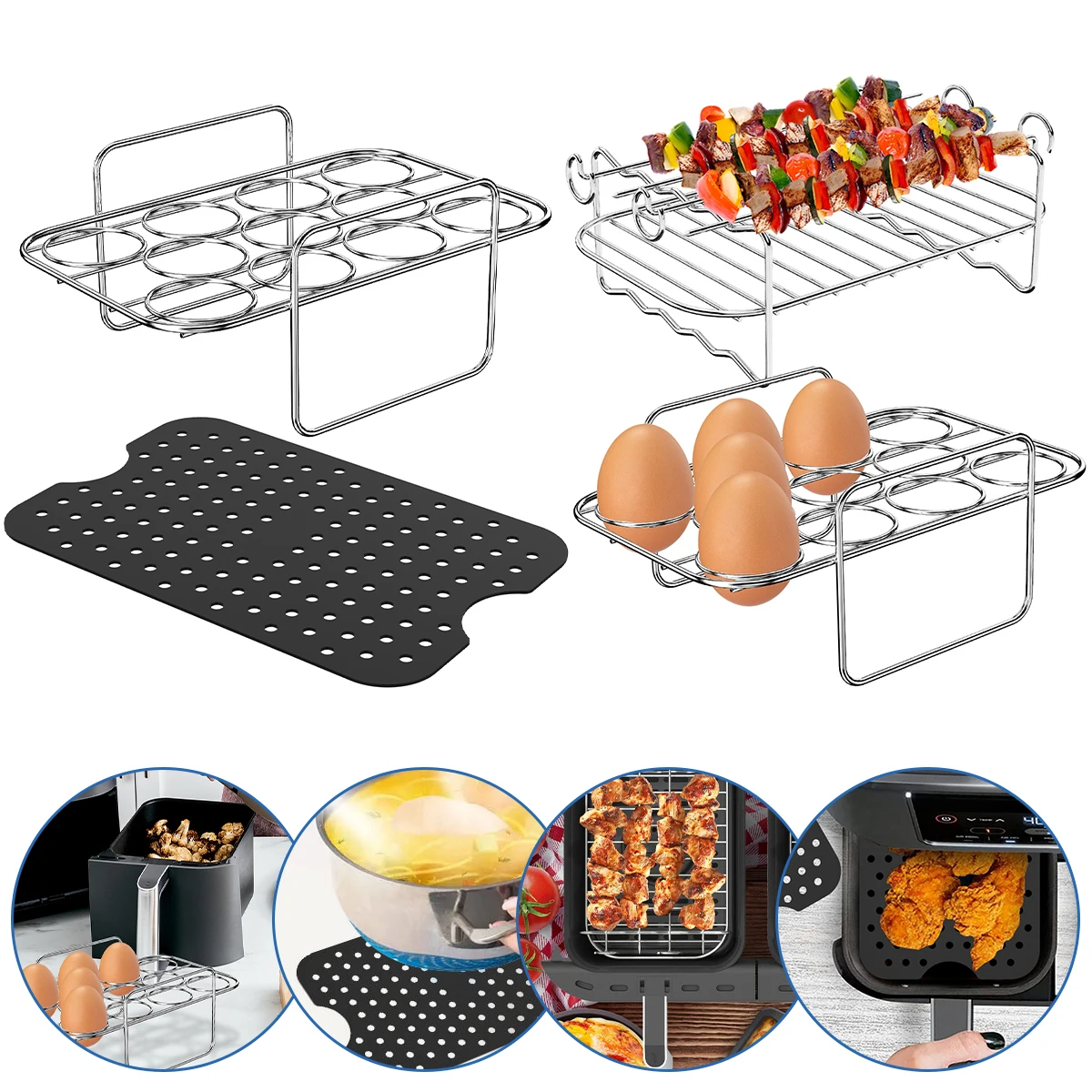 2Pcs Air Fryer Rack 304 Stainless Steel Egg Steamer Rack Sturdy Heat Resist Skewer Rack with 4 Skewers Reusable Silicone Mat
2Pcs Air Fryer Rack 304 Stainless Steel Egg Steamer Rack Sturdy Heat Resist Skewer Rack with 4 Skewers Reusable Silicone Mat
