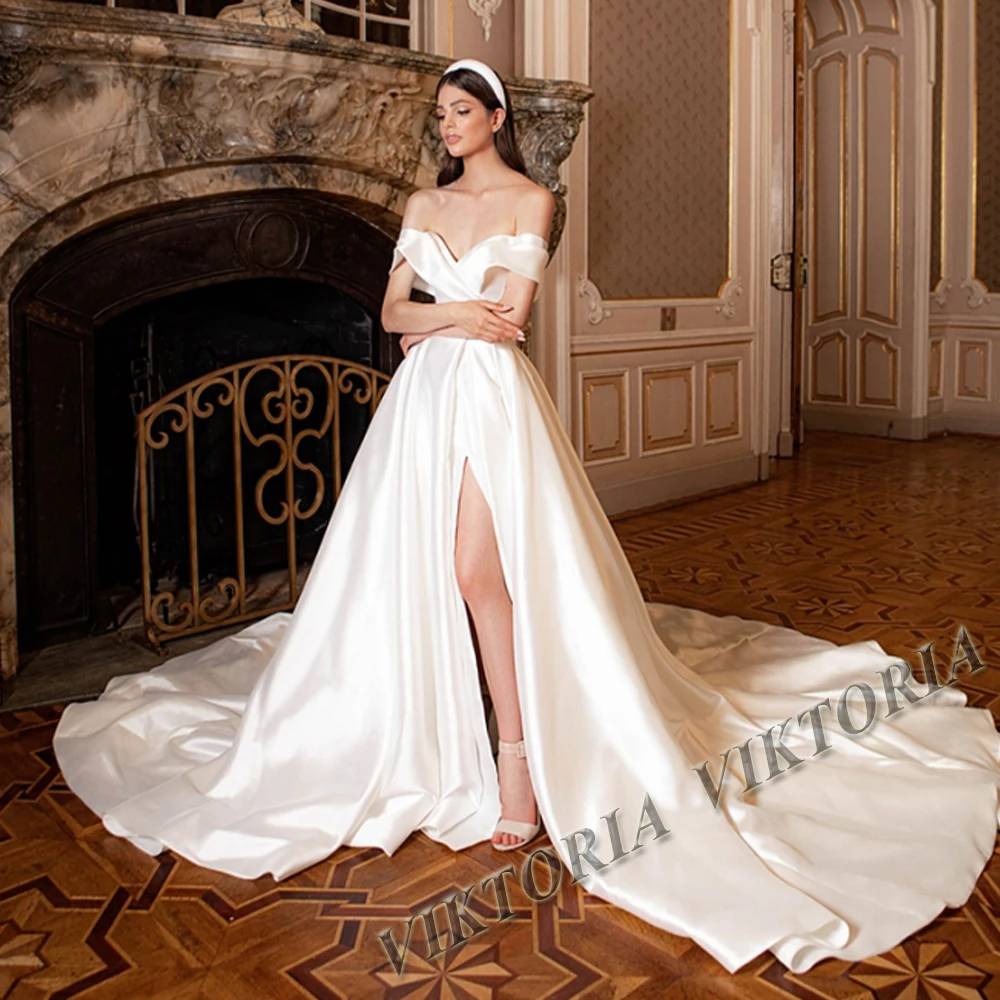 

VIKTORIA Simple A-LINE Wedding Dresses For Women Bride 2023 Side Slit Satin Off shoulder Pleat Vestido De Novia Made To Order