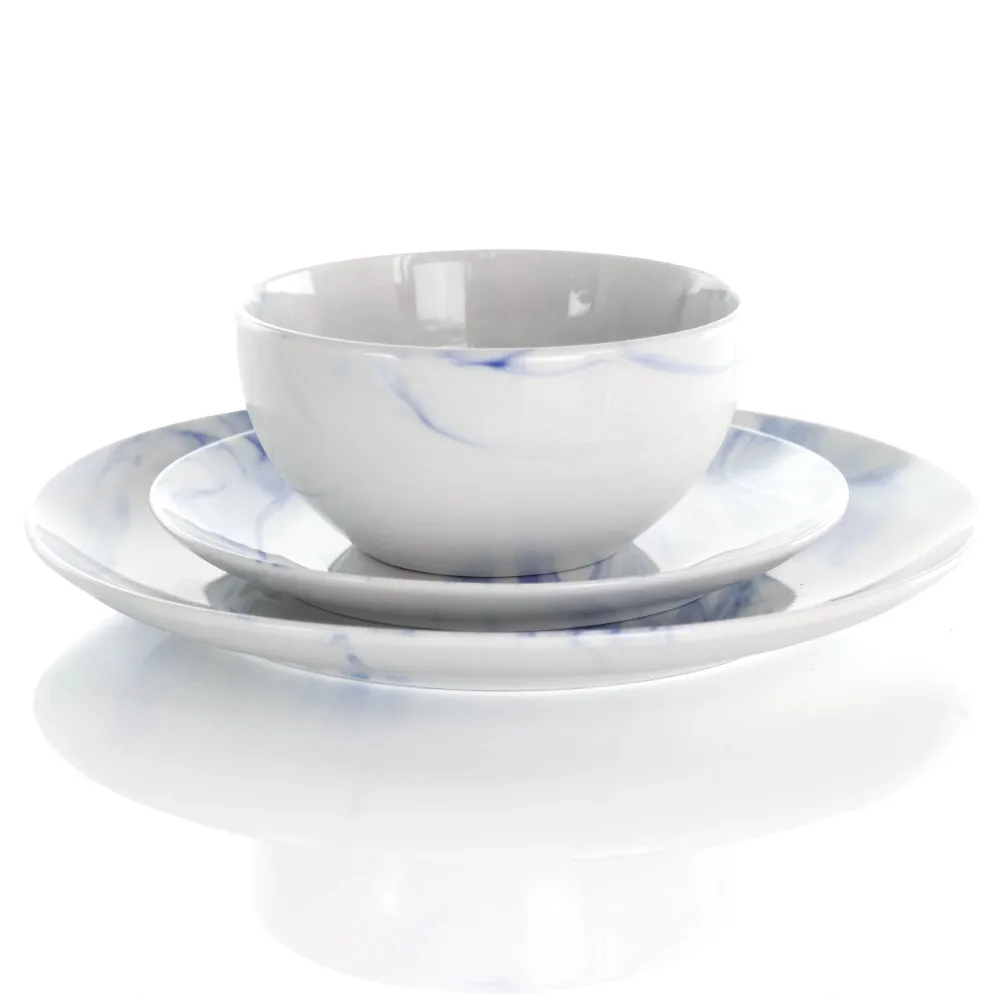 

BOUSSAC Fine Marble 16 Piece Stoneware Dinnerware Set in Blue and White Serving Ware Kitchen Dish Dinner Plates