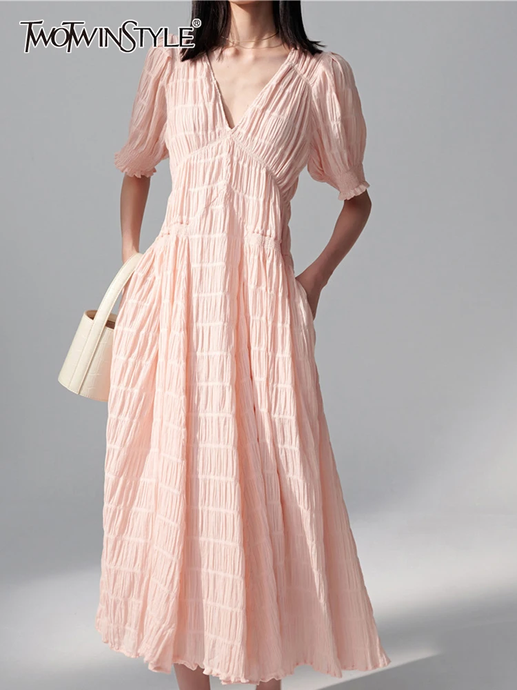 TWOTWINSTYLE Elegant Solid Dress For Women V Neck Short Sleeve Gathered Waist A Line Midi Casual Dresses Female 2022 Clothes New
TWOTWINSTYLE Elegant Solid Dress For Women V Neck Short Sleeve Gathered Waist A Line Midi Casual Dresses Female 2022 Clothes New