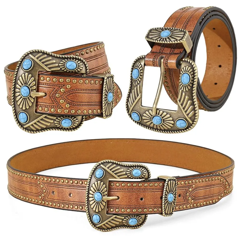 

PU Leather Western Belts Bohemian Turquoise Decor Buckle Floral Engraved Leather Belt Cowgirl Cowboy Country Belts