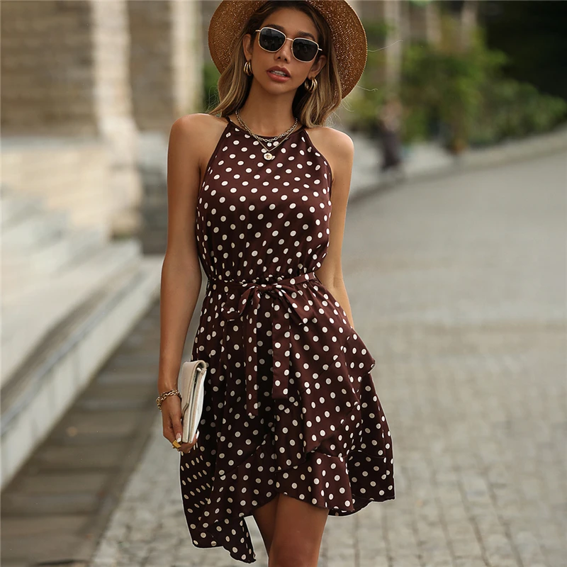 

2022 Fall Winter Chic and Elegant Asymmetrical Brown Tiered Ruffle Tie Front Belted Polka Dot Halter Neck Party Dress for Women