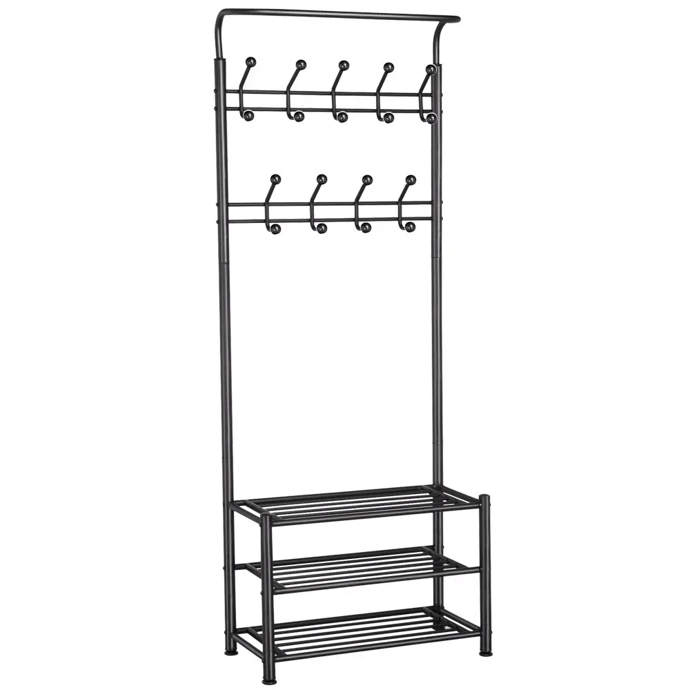 

Metal Multipurpose Entryway Hall Tree with 3-Tier Shoe Rack, Black Coat Rack Clothing Rack Stand Clothes Rack Stand