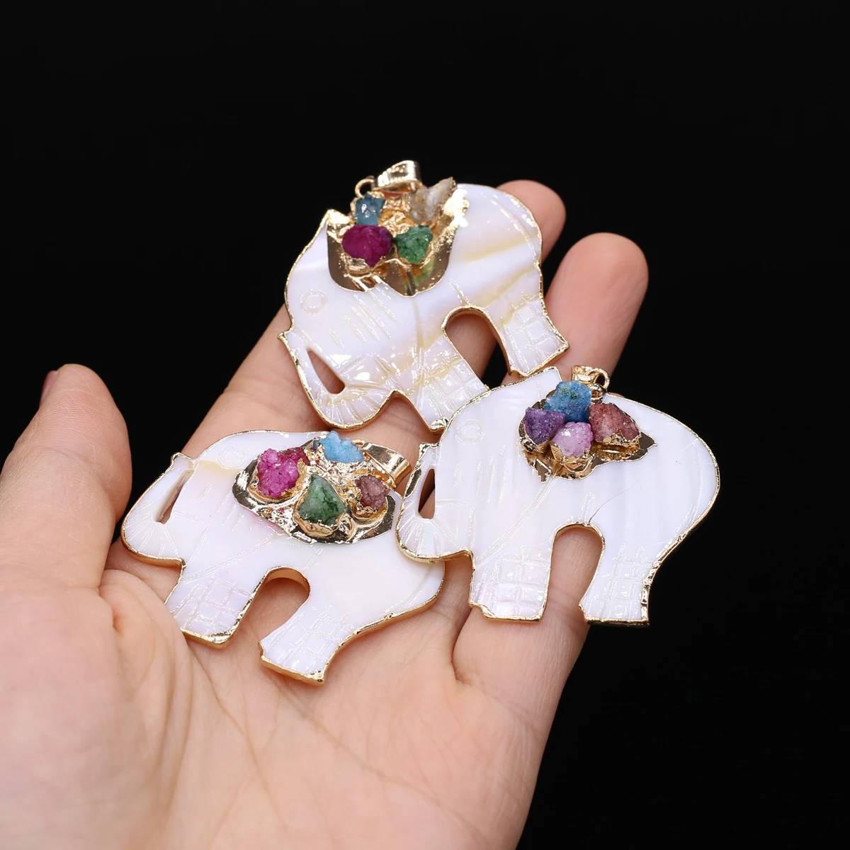 

Natural White Shell Elephant Pendant Inlaid Gem Crafts Animal Jewelry Making DIY Necklace Earring Accessories Gift Party 45x47mm