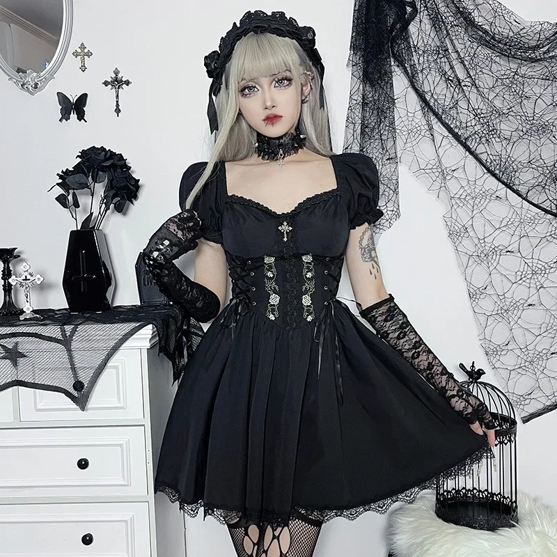 

2023 Spring&Summer Woman Goth Dark Solid Slim Lace Trim Mini Dress Casual Fashion Flower A-line Lolita Skirt Party Clothes