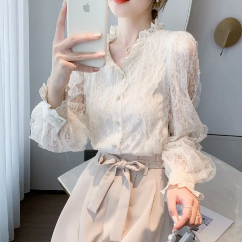 #Perspective Long Sleeve Shirts Women Ruffles Collar Sexy Chiffon Basic Tops Ladies Lace Shirts Blouse Femme Loose Cute
#Perspective Long Sleeve Shirts Women Ruffles Collar Sexy Chiffon Basic Tops Ladies Lace Shirts Blouse Femme Loose Cute