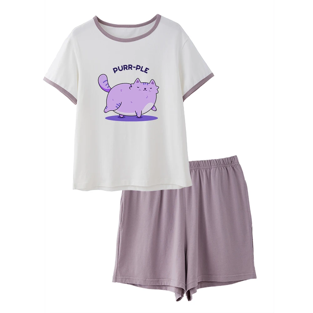 Korean Purple Cat Girls Pajamas Set Cute Summer Short Sleeve Cotton Leisure Sleepwear for Women Loose Nightwear Homewear Suit
Korean Purple Cat Girls Pajamas Set Cute Summer Short Sleeve Cotton Leisure Sleepwear for Women Loose Nightwear Homewear Suit