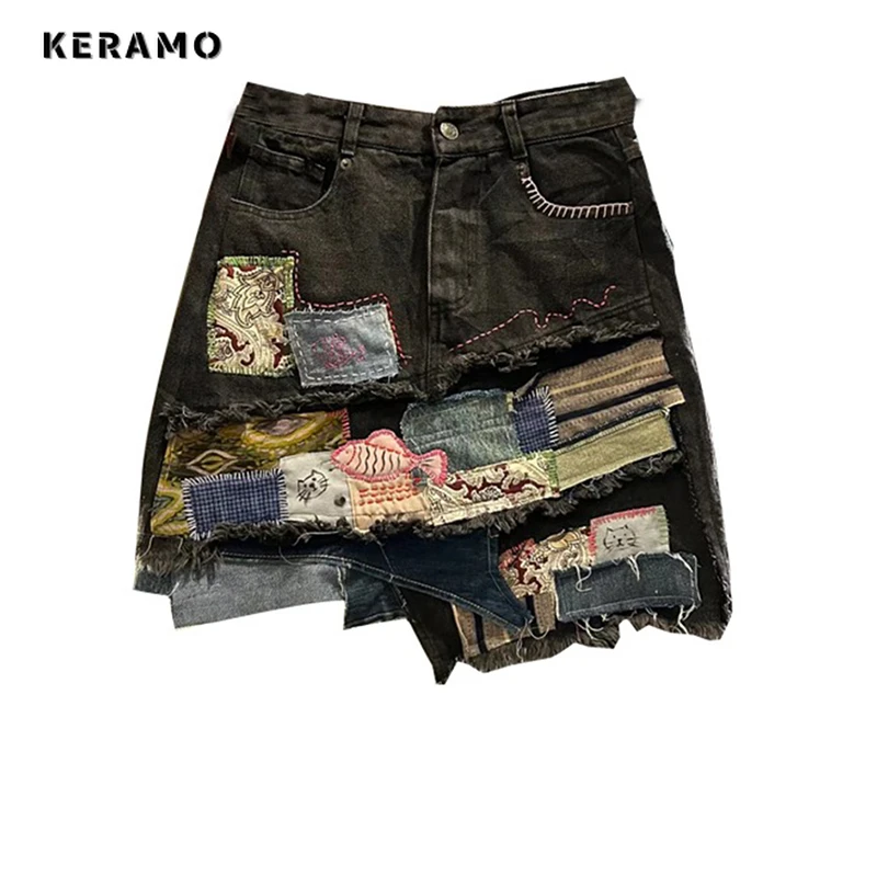 

American Retro Hotsweet High Waist Patchwork Denim Shorts Women's Fashion Casual Sexy Slim Fit Y2K Streetwear Tassels Jean Short