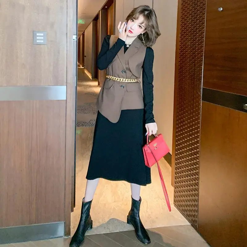 Women New Fashion Slim Business Long Sleeve Knitted Dresses and Vest Female Office Ladies Patchwork Work Wear 2 Pieces Suits Q02
Women New Fashion Slim Business Long Sleeve Knitted Dresses and Vest Female Office Ladies Patchwork Work Wear 2 Pieces Suits Q02