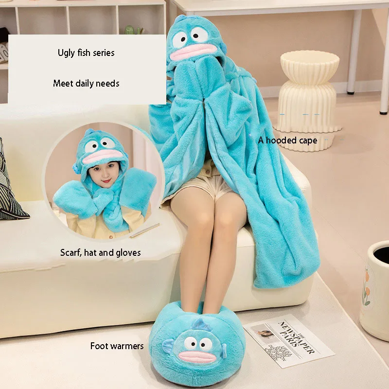 Kawaii Sanrioed Hangyodon Blanket Cute Cartoon Hooded Cloak Scarf Hat Gloves One Body Foot Warmers Home Office Festival Gift
Kawaii Sanrioed Hangyodon Blanket Cute Cartoon Hooded Cloak Scarf Hat Gloves One Body Foot Warmers Home Office Festival Gift