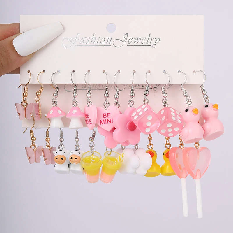 

Colorful Butterfly Heart Cartoon Dangle Earrings Set For Women Girl Kids Cute Duck Clouds Resin Drop Earring Jewelry Accessories