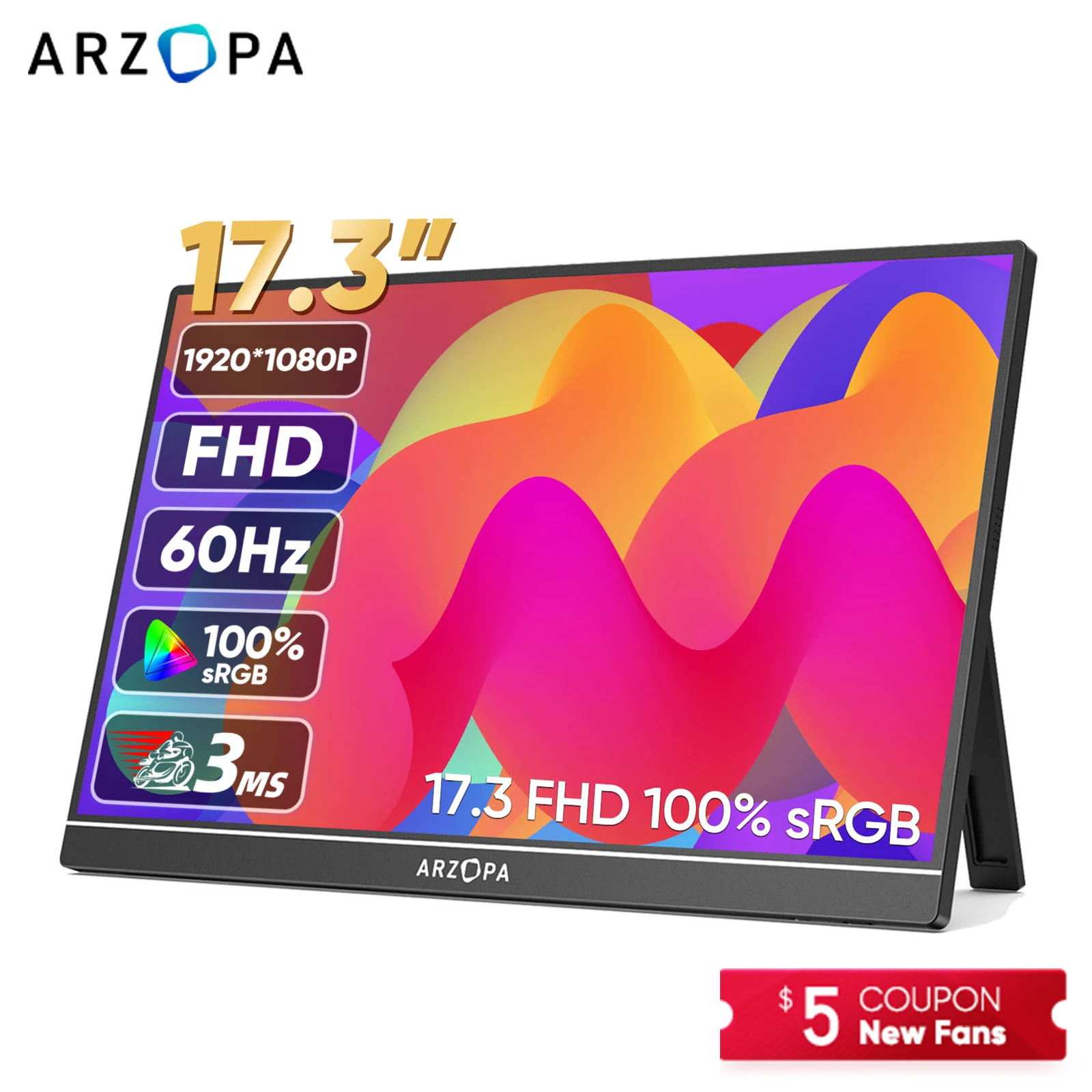 ARZOPA 17 3-дюймовый портативный монитор FHD 1080P IPS-экран Внешний дисплей с мини-HDMI типа C