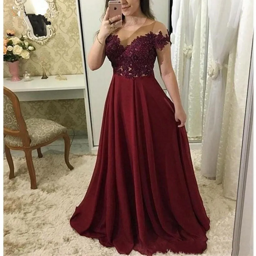 Burgundy Lace Prom Dresses Long Illusion Neckline Short Sleeve Appliques Evening Gowns Chiffon Special Occasion Dress
Burgundy Lace Prom Dresses Long Illusion Neckline Short Sleeve Appliques Evening Gowns Chiffon Special Occasion Dress