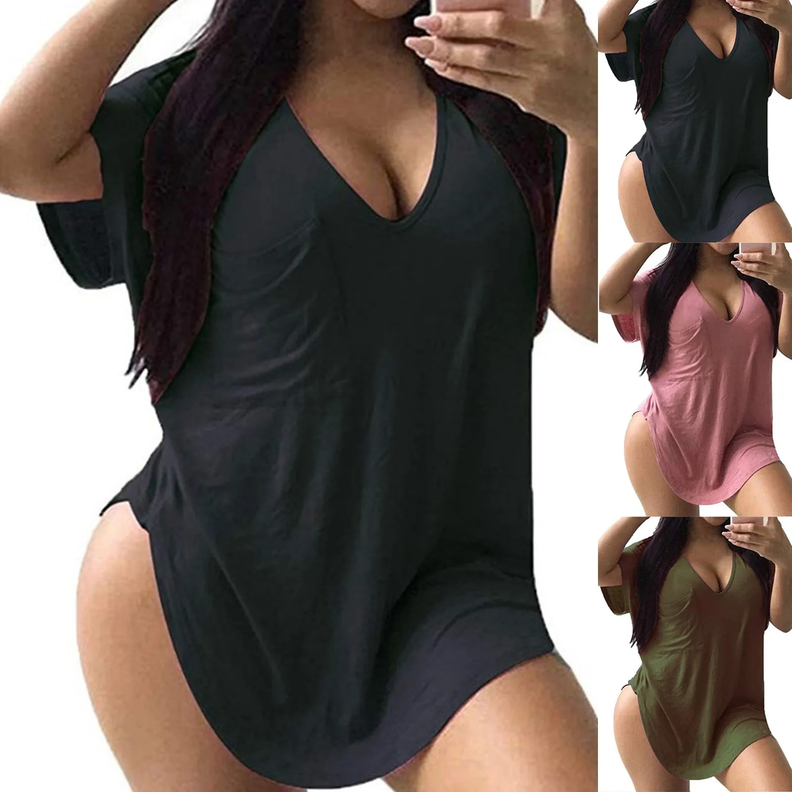 Женская футболка с V-образным вырезом, на пуговицах
Женская футболка с V-образным вырезом, на пуговицах