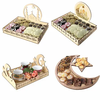 Wooden Islamic Dessert Tray Palaces Shaped Eid Mubarak Dessert Tray Pastry Display Holder Ornament Wooden Artistic Party Serving