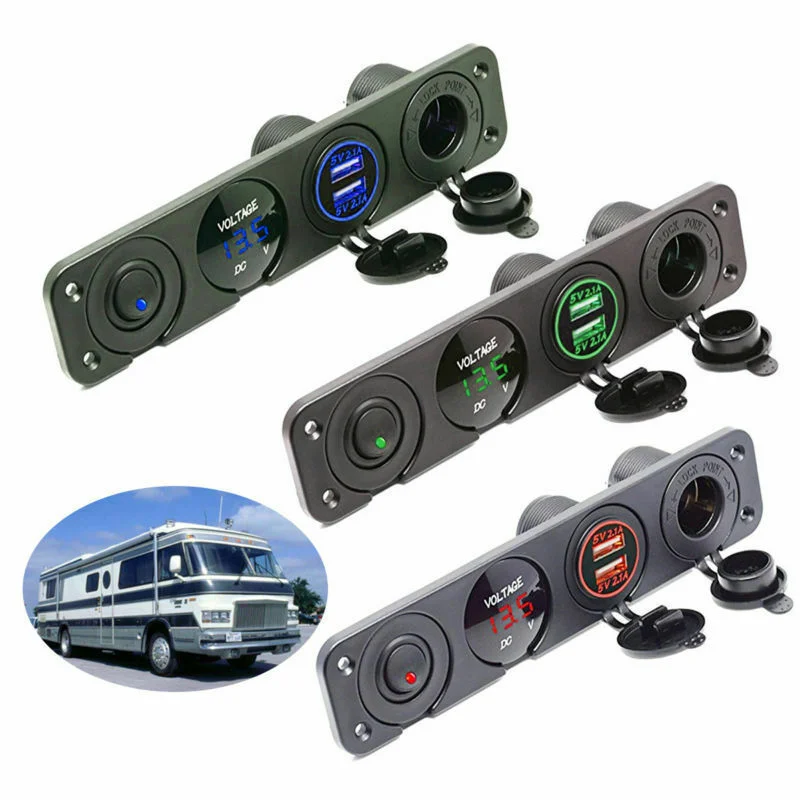 4 in 1 Marine Switch Panel, 12V 4.2A Dual USB Charger Socket Power Outlet & LED Voltmeter & Cigarette Lighter Socket 
4 in 1 Marine Switch Panel, 12V 4.2A Dual USB Charger Socket Power Outlet & LED Voltmeter & Cigarette Lighter Socket