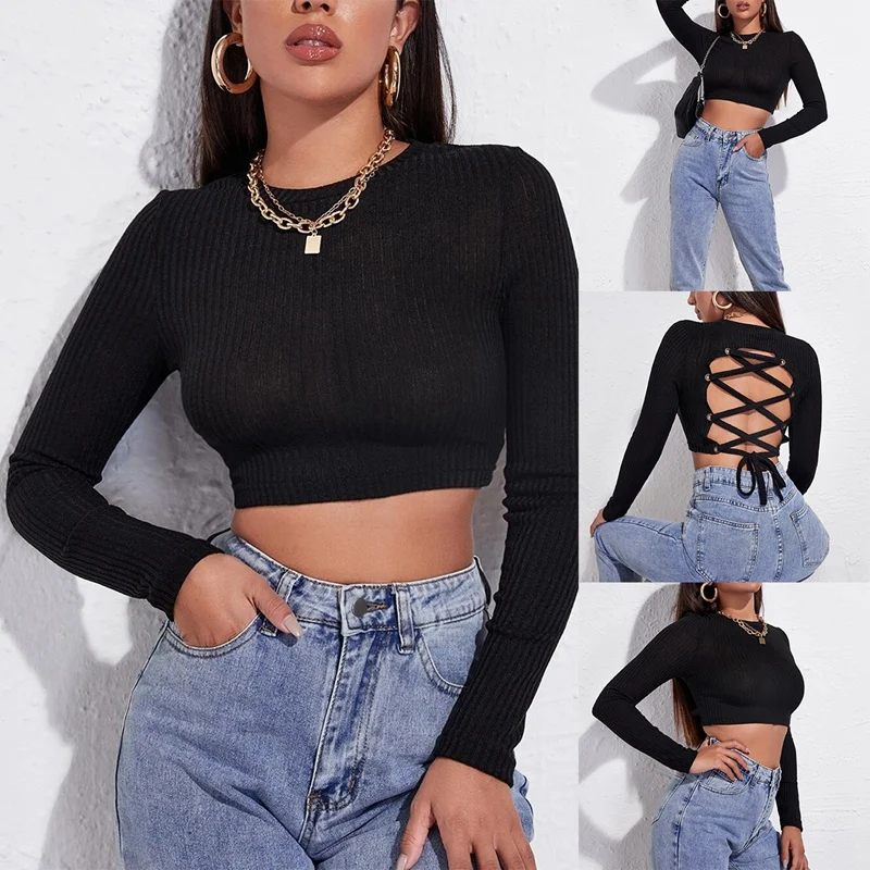 Women's Fashion Sexy Solid Color Back Tie Ribbed Knitted T-Shirt Tops Black
Women's Fashion Sexy Solid Color Back Tie Ribbed Knitted T-Shirt Tops Black