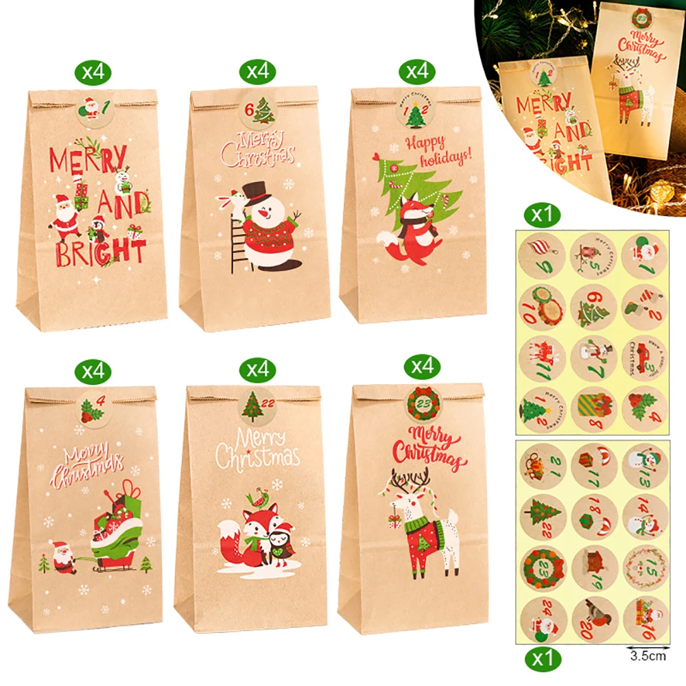 

24 набора, мешки из крафт-бумаги, Санта-Клаус, снеговик, обратный отсчет, календарь на Рождество, календарь, 2023 ярких цветов, аксессуары для упаковки