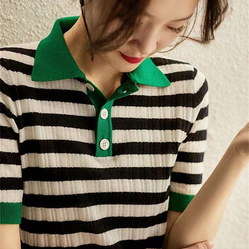 2022 summer new worsted wool short-sleeved women's striped T-shirt loose vest POLO collar pullover outer wear trendy wool tops
2022 summer new worsted wool short-sleeved women's striped T-shirt loose vest POLO collar pullover outer wear trendy wool tops