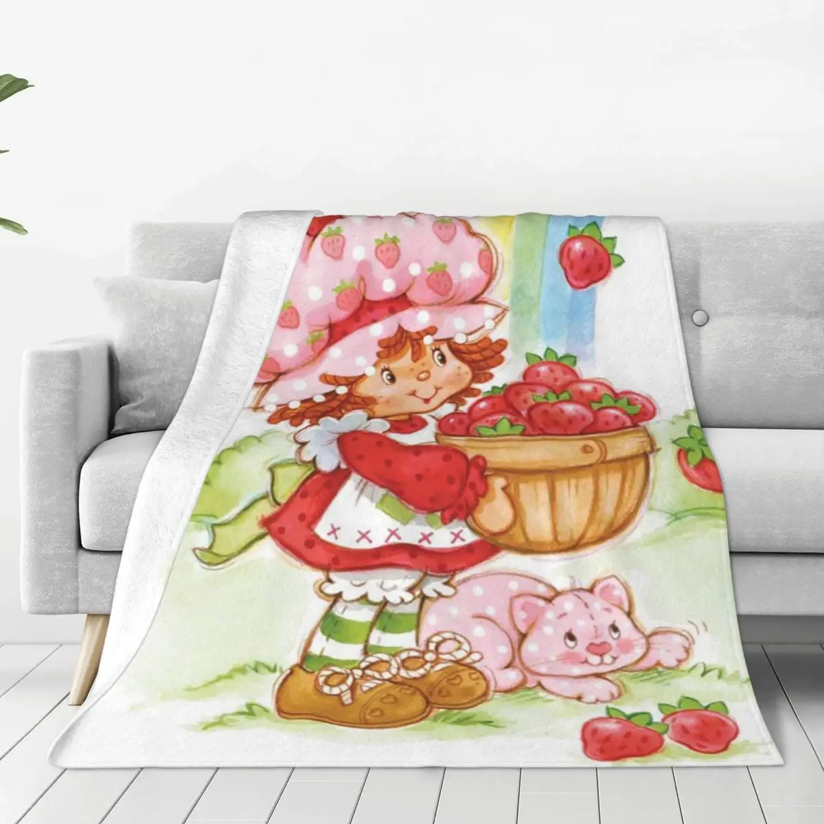 

Kawaii Strawberry Shortcake Blankets Cute Cartoon Rainbow Flannel Awesome Warm Throw Blankets for Home Winter