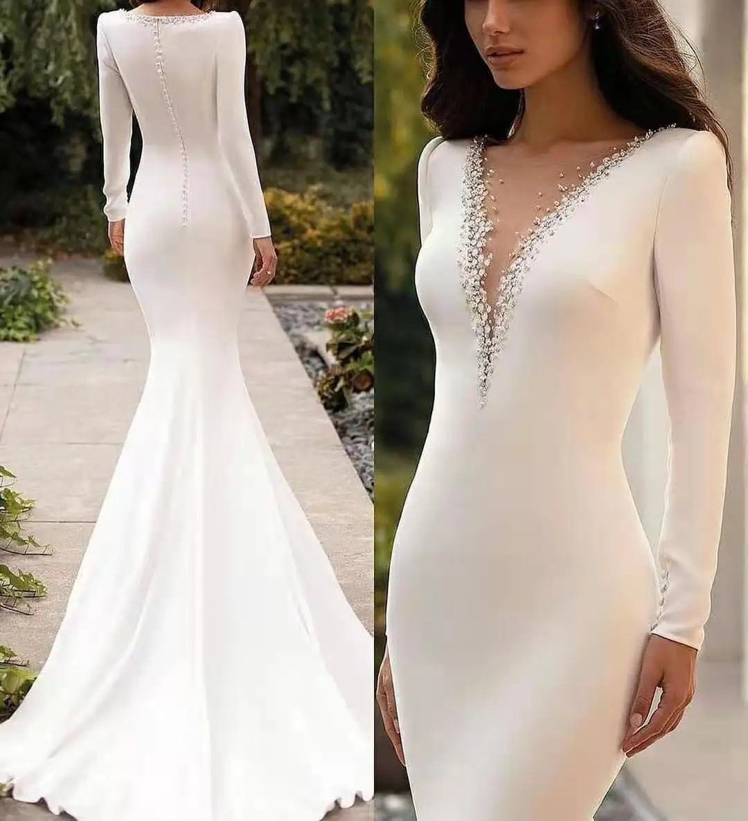 Sexy V-Neck Satin Mermaid Long Sleeve Lace Wedding Dresses Floor Length Pleated Sweep Train Custom Made To Measures 2023 Elegant
Sexy V-Neck Satin Mermaid Long Sleeve Lace Wedding Dresses Floor Length Pleated Sweep Train Custom Made To Measures 2023 Elegant