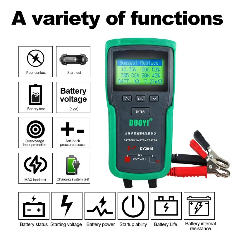 DUOYI DY2015 12V Car Motorcycle Battery System Tester Analyzer CCA Capacity Electronic Load Charge Indicator Check Test Tools
DUOYI DY2015 12V Car Motorcycle Battery System Tester Analyzer CCA Capacity Electronic Load Charge Indicator Check Test Tools