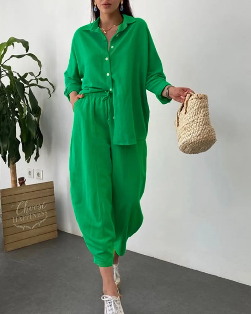 Long Sleeve Buttoned Top & Casual Pants Set Women 2pcs Clothes Suit Single Breasted Button Shirt High Waist Elastic Pants
Long Sleeve Buttoned Top & Casual Pants Set Women 2pcs Clothes Suit Single Breasted Button Shirt High Waist Elastic Pants