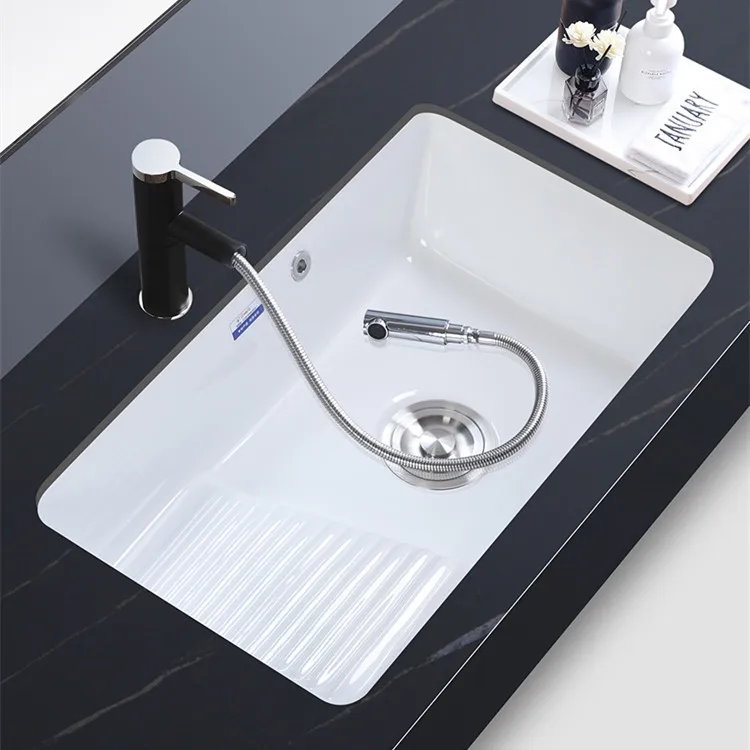 

Ceramic Drop-in Sink Laundry Tub Embedded Small Balcony with Washboard Sink Deepening Laundry Basin Single Basin