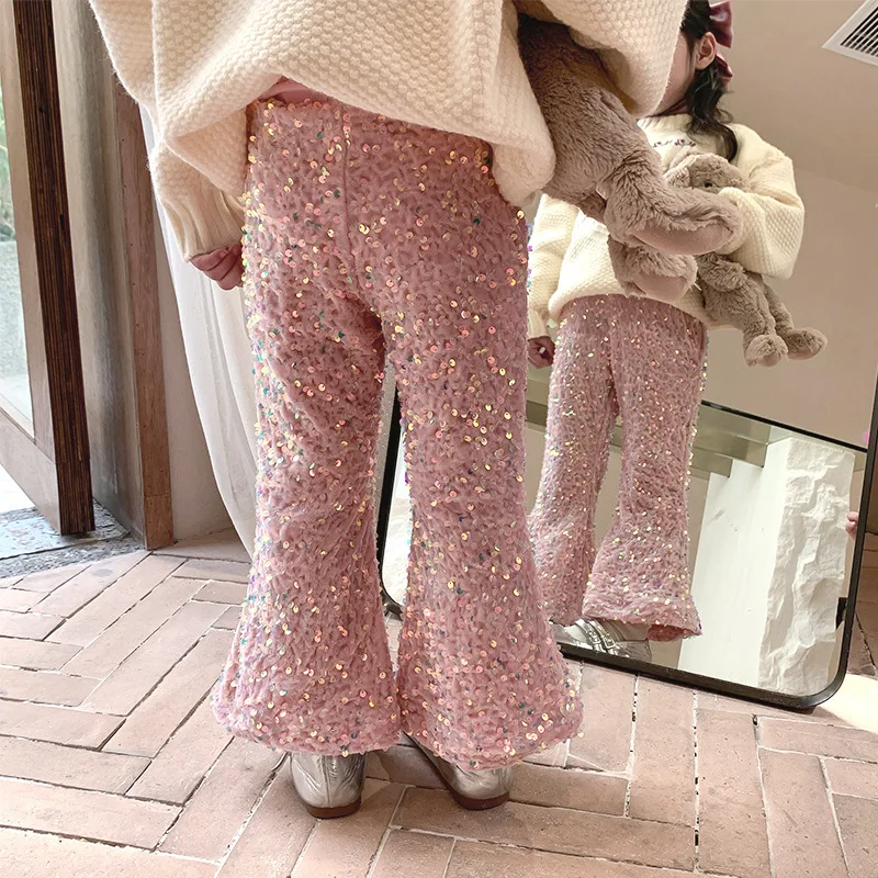 

Spring Autumn Girls Flare Pants Baby Trousers Kids Pants For Toddler Children Clothes Bling Sequin Glitter Patch 2-7Y