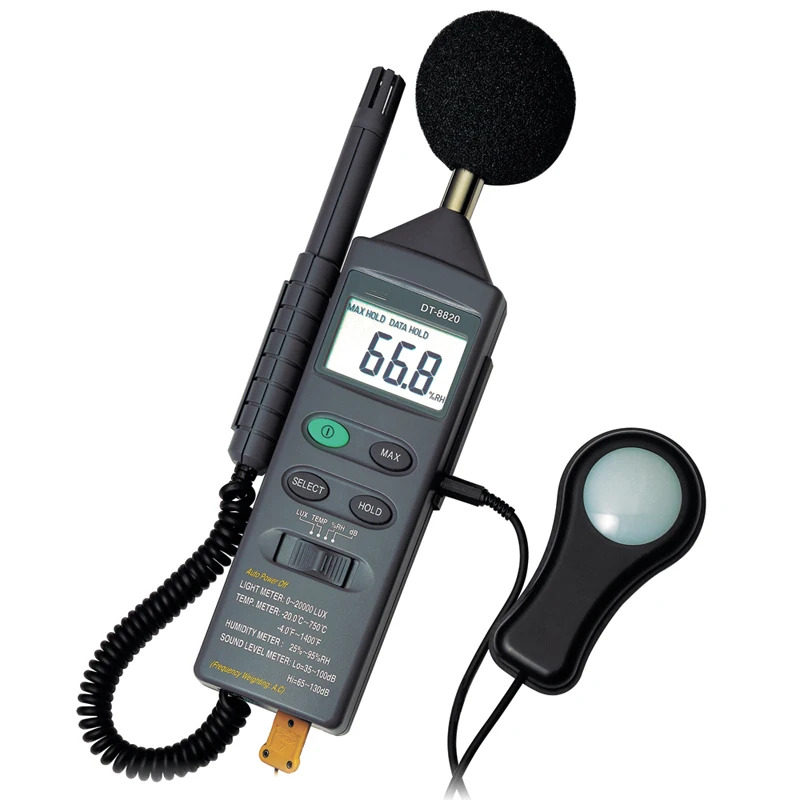 DT-8820 4in1 Multifunction Environment Meter Lux Illuminometer Thermometer Hygrometer Sound Level Noise Meter
DT-8820 4in1 Multifunction Environment Meter Lux Illuminometer Thermometer Hygrometer Sound Level Noise Meter