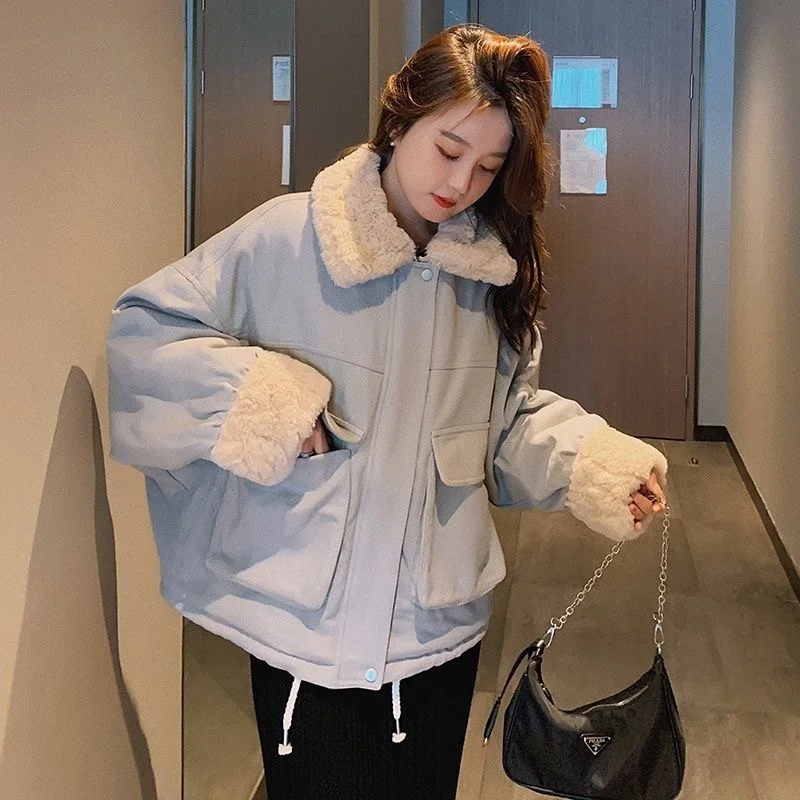 

New winter thicken short Korean fashion parkas loose fuzzy collar quilted female parka kawaii skin patched from coat 2021