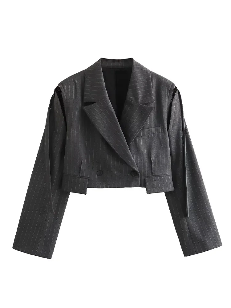 Укороченная Женская куртка HH TRAF, однотонный двубортный жакет в полоску с отложным воротником, длинным рукавом, украшенный дырками, осень
Укороченная Женская куртка HH TRAF, однотонный двубортный жакет в полоску с отложным воротником, длинным рукавом, украшенный дырками, осень