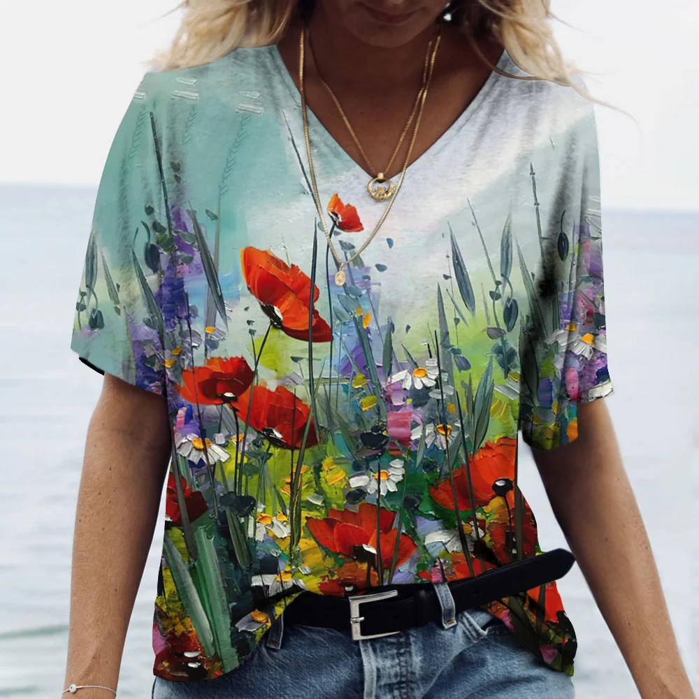 Summer Women's Short Sleeve V-Neck T-shirt Art Flower Print Oversized T Shirt For Women Fashion Element Top Tees
Summer Women's Short Sleeve V-Neck T-shirt Art Flower Print Oversized T Shirt For Women Fashion Element Top Tees