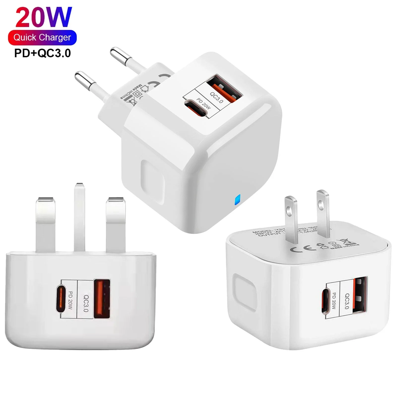 

PD 20W Quick Charge US EU UK Plug QC3.0 USB Fast Charger Universal Wall Mobile Phone Tablet Chargers For Iphone Samsung Huawe
