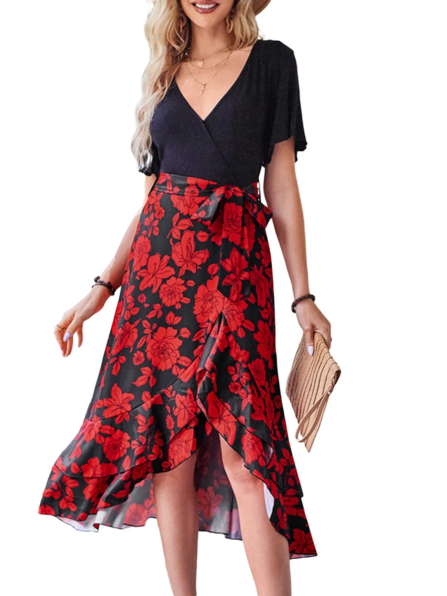 

Bohemian Floral Print with Short Sleeves V-Neckline Waist Tie and High-Low Ruffled Hem for Women s Summer Fashion