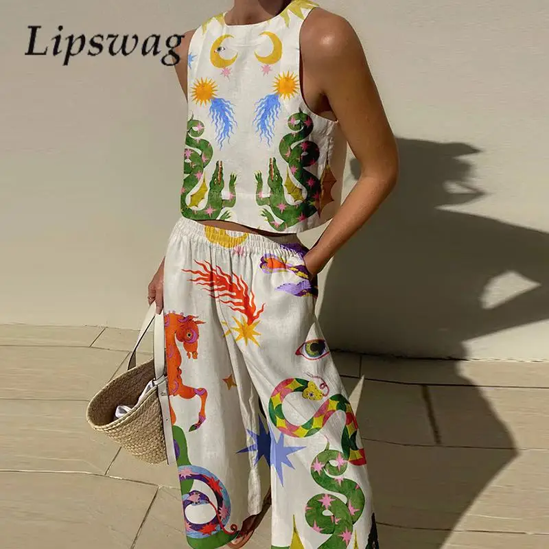 Vintage Sun Moon Pattern Sleeveless Strap Top and Pants Women's Casual Elastic Waist Two-piece Lady Sexy Off-the-Shoulder Suit
Vintage Sun Moon Pattern Sleeveless Strap Top and Pants Women's Casual Elastic Waist Two-piece Lady Sexy Off-the-Shoulder Suit