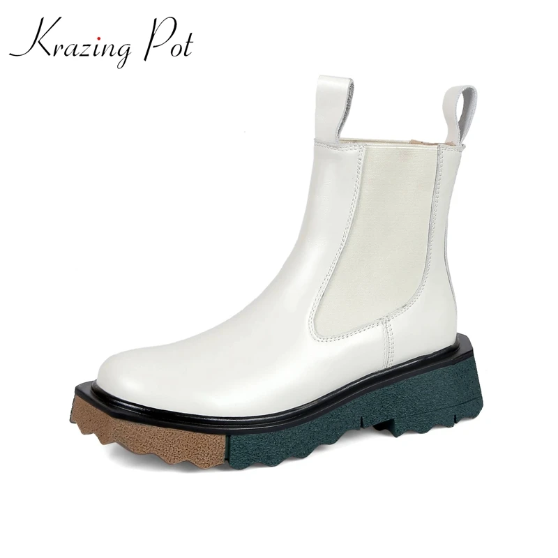 

Ботильоны Krazing Pot из коровьей кожи, брендовые зимние ботинки челси на среднем каблуке, без застежки, на платформе, с круглым носком, Ins Нескользящие, большие размеры