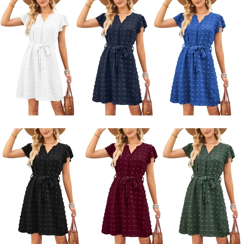 

Women Flutter Sleeve Notched V-Neck Swiss-Dot Pleated Belted A-Line Midi Dress