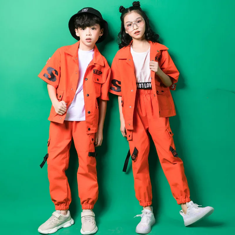 

Kids Jazz Hip Hop Dance Costumes Orange Jacket Top Loose Casual Pants For Girls Boys Hiphop Street Ballroom Dancing Clothes Wear